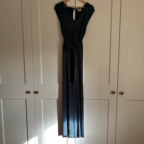 Anthropologie Vanessa Virginia Blue Metallic Wide Leg Jumpsuit XL - Picture 2 of 6